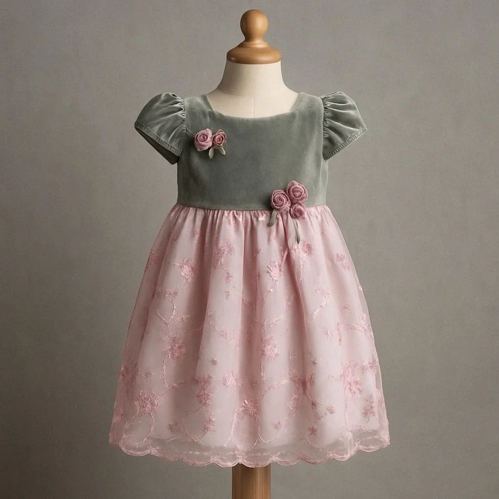 Laura Ashley Girls 4 Velvet Pink Floral Party Portrait Holiday Dress Vintage Y2K